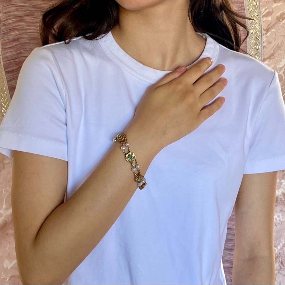 Vintage Italian Dainty Gold Pearl Turquoise Bracelet